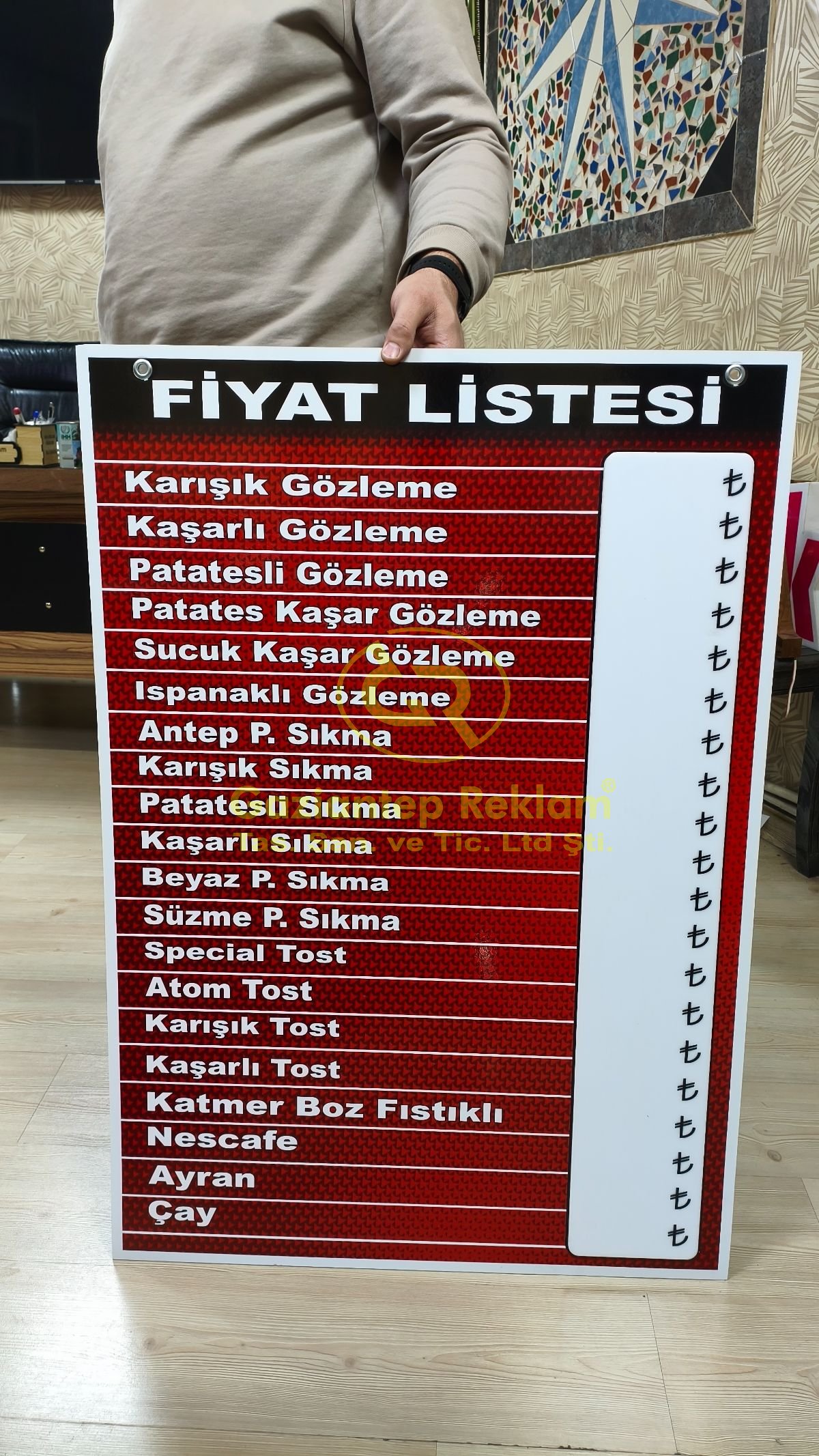 Lokantalar için Dijital  Baskı Fiyat Listesi